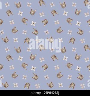 Butterflies and tiny beige flowers watercolor seamless pattern on light blue for summer and fall textiles, fabrics Stock Photo