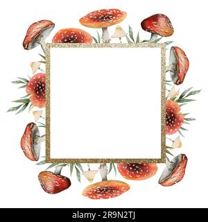 Watercolor fly agarics red mushrooms square frame with gold border watercolor illustration for fall forest designs Stock Photo