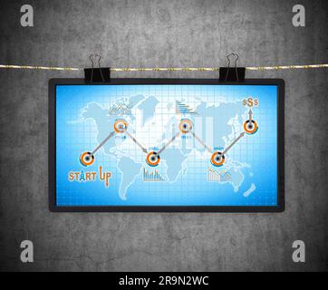 Tv screen with start up scheme hanging on a rope. 3D rendering Stock Photo