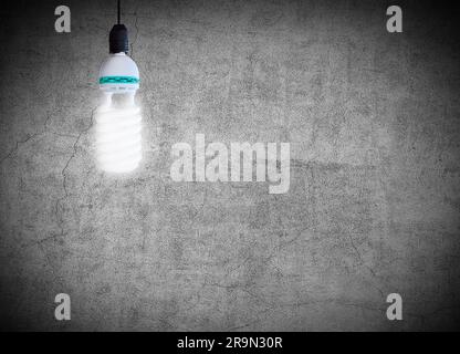 Energy saving fluorescent light bulb on a gray concrete wall background Stock Photo