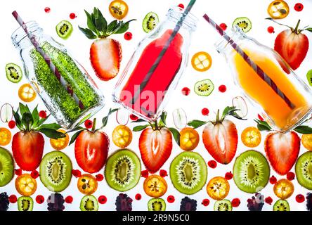 Fresh juice and smoothies with berries on white background. Transparent pattern. Stock Photo