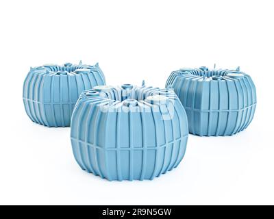3d rendering of three blue rainwater tanks on white background Stock Photo