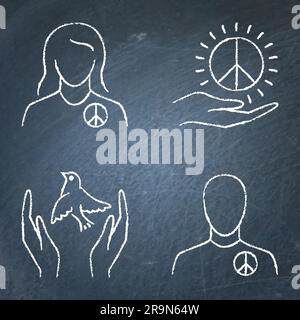 Pacifism and peace symbols chalkboard icon set. No war, world ...