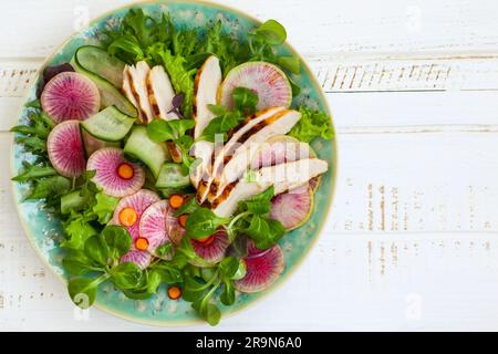 Grilled chicken salad  with cucumber and watermelon radish Stock Photo