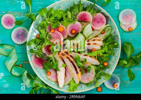 Grilled chicken salad  with cucumber and watermelon radish Stock Photo