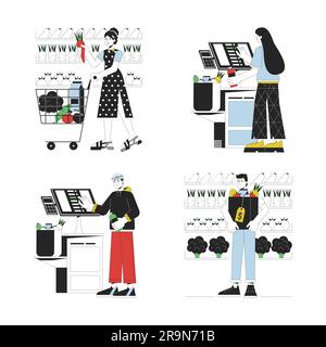 People everyday activities flat line color vector characters Stock Vector