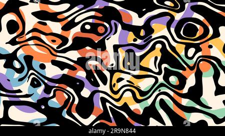 Colorful groovy abstract background. Trendy psychedelic trippy texture. Aesthetic curvy rainbow colored stripes on beige backdrop. Flowing liquid Stock Vector