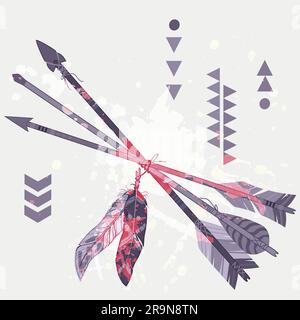 Vector grunge illustration of different ethnic arrows with feathers and splash Stock Vector