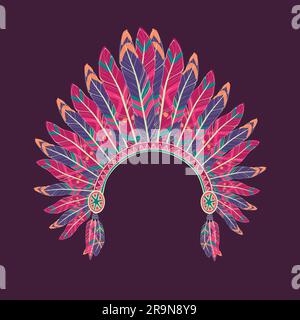 Vector colorful illustration of native american indian chief headdress with feathers Stock Vector