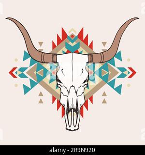 Vector colorful illustration of bull skull with ethnic ornament Stock Vector
