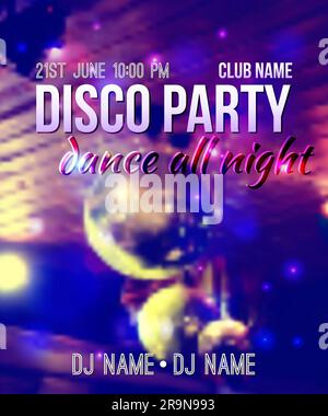 Vector blurred background with disco ball and lights. Night party template with place for text. Can be used as poster or invitation. Stock Vector