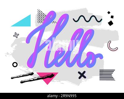 Vector illustration with geometric and brush painted elements. Modern liquid typography Hello on textured background. Poster, card, wallpaper template Stock Vector