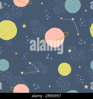 Vector seamless childish pattern with space elements: stars, planets, asteroids. Can be used for kids design, fabric, wallpaper, wrapping, textile, ap Stock Vector