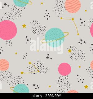 Vector seamless childish pattern with space elements: stars, planets, asteroids. Can be used for kids design, fabric, wallpaper, wrapping, textile, ap Stock Vector