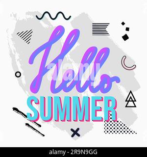 Vector illustration with geometric and brush painted elements. Modern liquid typography Hello Summer on textured background. Poster, card, wallpaper t Stock Vector