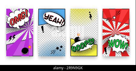 Vector trendy editable set of templates for social media networks stories. Modern design backgrounds for flyers, cards, posters. Trendy comics pop art Stock Vector