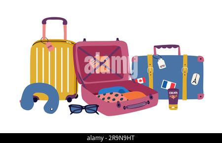 Vector set with travel elements: luggage bags, suitcases, sunglasses, cosmetics, clothes. Trendy colorful vacation illustration in cartoon flat style Stock Vector