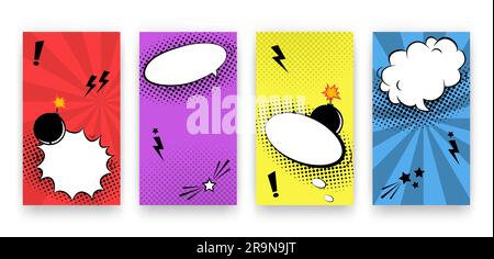 Vector trendy editable set of templates for social media networks stories. Modern design backgrounds for flyers, cards, posters. Trendy comics pop art Stock Vector