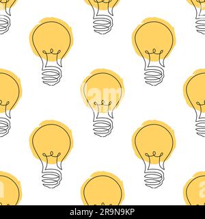Vector seamless pattern with light bulbs in one continuous line. Modern sketch style in one line drawing design. Idea and creative thinking concept. Stock Vector
