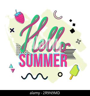 Vector illustration with geometric and brush painted elements. Modern liquid typography Hello Summer on textured background. Poster, card, wallpaper t Stock Vector