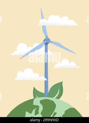 Vector illustration of Earth globe, Wind power plant. Concept of World Environment Day, Save the Earth, sustainability, renewable wind energy source. Stock Vector