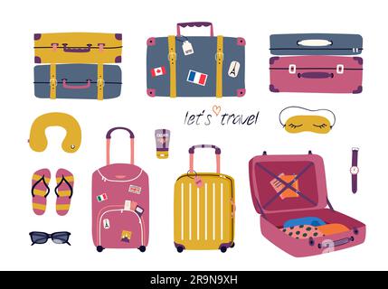 Vector set with travel stuff: luggage bags, suitcases, sunglasses, cosmetics, clothes. Trendy colorful vacation design elements in cartoon style isola Stock Vector