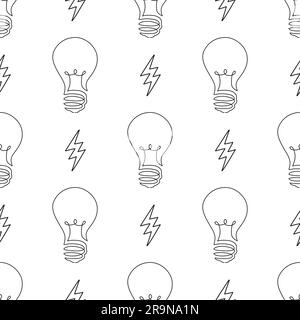 Vector seamless pattern with light bulbs and lightning bolts in one line style drawing. Modern sketch style. Idea and creative thinking concept. Stock Vector