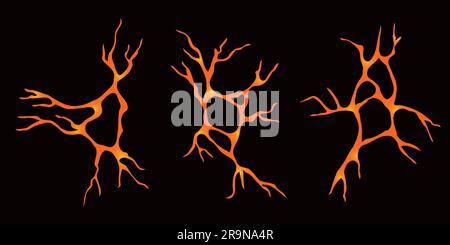 Vector set of illustrations of lava ground cracks top view, ruined earthquake volcano magma cracking holes. Collection of realistic fire glowing damag Stock Vector