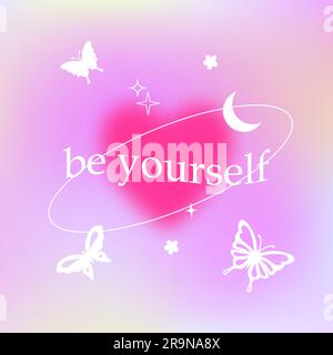 Vector illustration with trendy gradient background with butterflies and stars. Modern vibrant postcards for fashion advertising, social media with mo Stock Vector