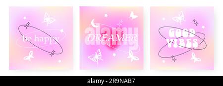 Vector set of illustrations with trendy gradient background with butterflies, stars, blurred heart. Modern vibrant postcards for fashion advertising, Stock Vector