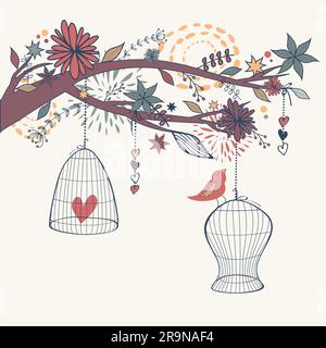 Vector romantic illustration with bird out of cages, branch and flowers. Freedom concept card. Stock Vector