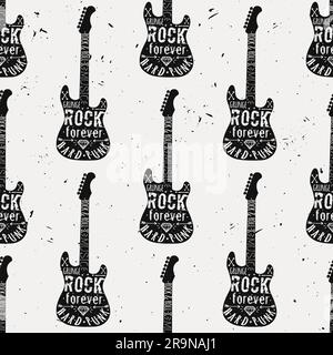 Vector vintage seamless pattern with guitar, diamond, bones, arrows, stars and typography elements. Grunge rock and roll style. Stock Vector