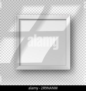 Vector realistic square empty picture frame with window shadow overlay effect. Mockup template with white frame boarder isolated on transparent backgr Stock Vector