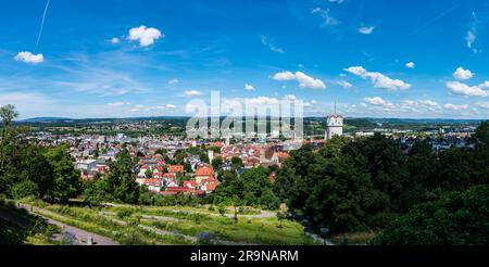 Germany, XXL Panorama view above old town of ravensburg city skyline of the beautiful village in summer with blue sky Stock Photo