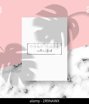 Vector A4 card mockup with shadow overlays on top and stone marble background. Organic shadows for natural light effects. Trendy photo-realistic illus Stock Vector