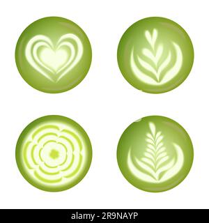 Vector set with realistic matcha latte drink art: tulips, hearts, flower. Top view of healthy hot green tea Stock Vector
