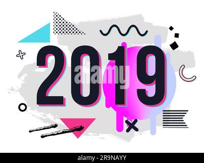 Vector trendy New Year 2019 greeting card with chaotic geometric and brush painted elements Stock Vector