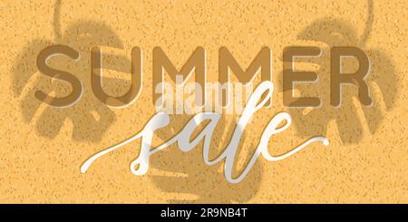 Vector summer sale banner design with realistic shadows of monstera leaves on sand background. Illustration with trendy transparent shadow overlay eff Stock Vector