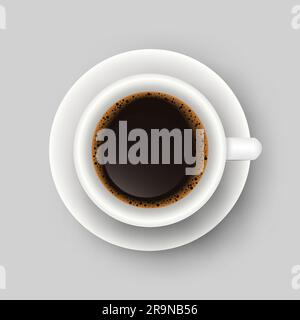 Vector realistic illustration of coffee cup. Top view of realistic hot morning beverage. 3d template of mug with espresso for cafe menu design, banner Stock Vector