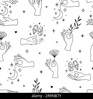 Vector seamless pattern of female hands in minimal linear style. Background with hand gestures, lotus, ginko leaf, crystals, moon and stars for cosmet Stock Vector