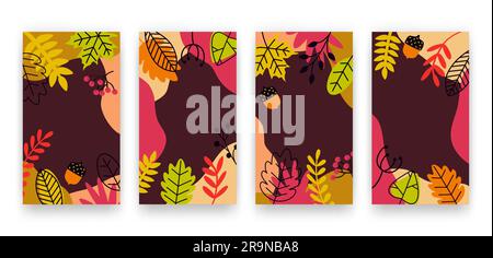 Vector set of modern abstract autumn backgrounds with oak and marple leaves, acorns and plants, copy space for text. Trendy vibrant templates for soci Stock Vector