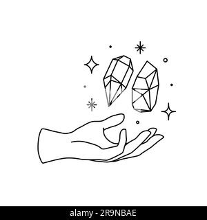 Vector female hand logo, icon in minimal linear style. Emblem design template with hand gesture holding crystals and stars for cosmetics, manicure, be Stock Vector