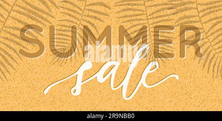 Vector summer sale banner design with realistic shadows of palm leaves on sand background. Illustration with trendy transparent shadow overlay effect. Stock Vector