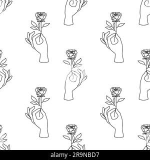 Vector seamless pattern of female hands emblems in minimal linear style. Background with hand gesture holding rose flower for cosmetics, manicure, bea Stock Vector