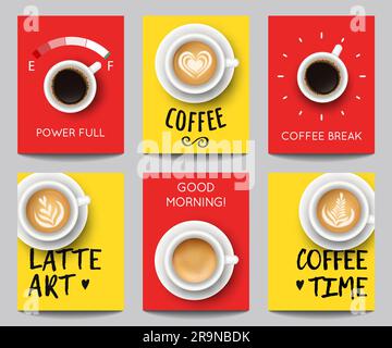 Vector set of modern posters with coffee backgrounds. Trendy templates with realistic cups for flyers, banners, invitations, restaurant or cafe menu d Stock Vector