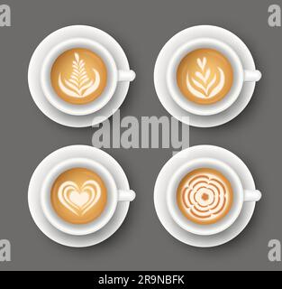 Vector set with realistic white cups with coffee. Collection of Latte art top view Stock Vector