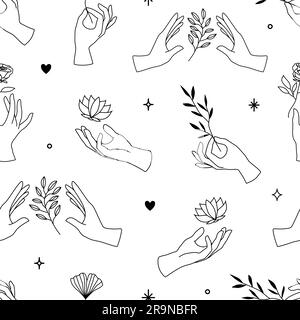 Vector seamless pattern of female hand icons in minimal linear style. Backgrounds with hand gestures, lotus, plants for cosmetics, manicure, beauty, t Stock Vector