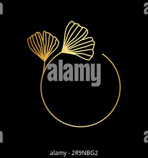 Vector golden frame with Ginkgo Biloba leaves in trendy linear style isolated on black background. Emblem, badge, icon or logo template for cosmetics, Stock Vector