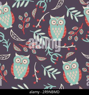 Vector seamless pattern with cute owls, leaves Stock Vector