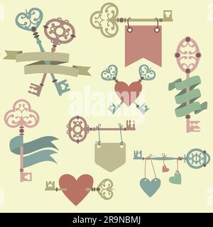 Vector set with vintage keys, ribbons and hearts. Can be used for wedding, Valentine's Day greeting cards, invitations. Stock Vector